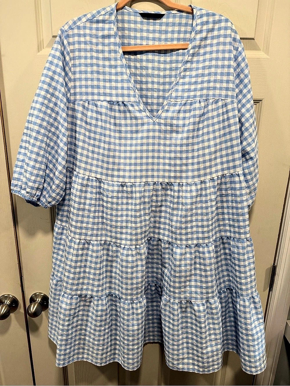 SHEIN Blue & White Gingham Tiered Dress